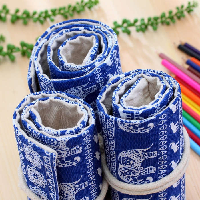 48 Slots Ethnic Elephant Print Pen Bag Canvas Pencil Wrap Curtain Roll Up Pencil Case Stationery ...