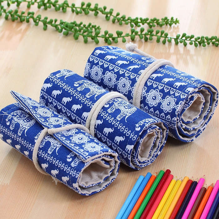 48 Slots Ethnic Elephant Print Pen Bag Canvas Pencil Wrap Curtain Roll Up Pencil Case Stationery ...