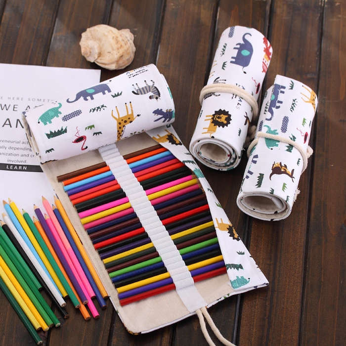 36 Slots Cartoon Animal Print Pen Bag Canvas Pencil Wrap Curtain Roll Up Pencil Case Stationery P...