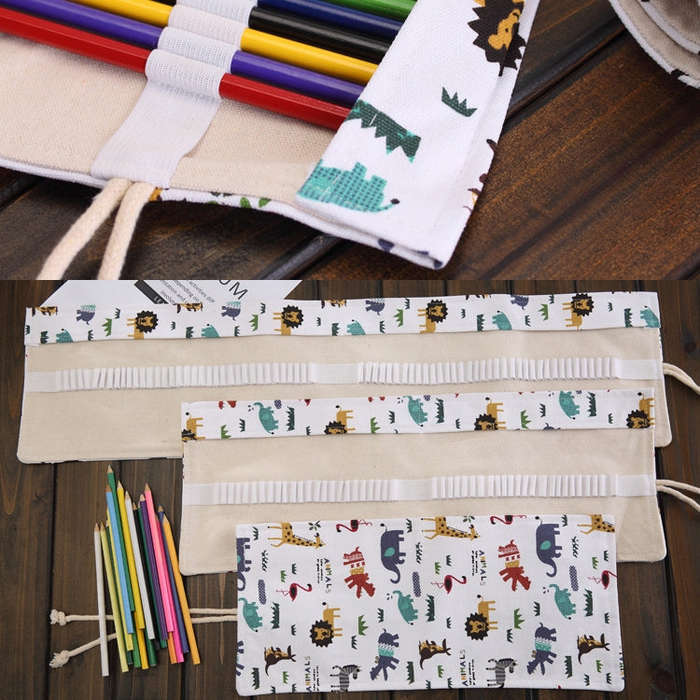 36 Slots Cartoon Animal Print Pen Bag Canvas Pencil Wrap Curtain Roll Up Pencil Case Stationery P...