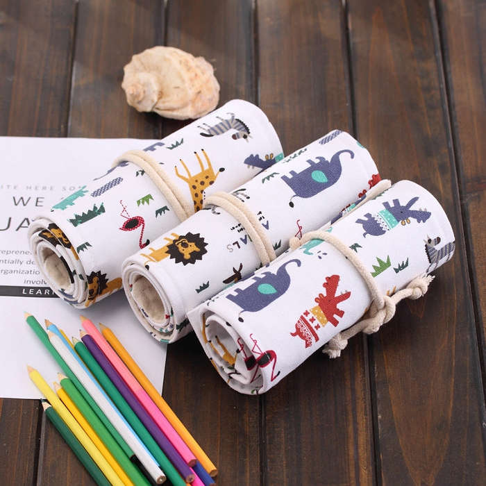 36 Slots Cartoon Animal Print Pen Bag Canvas Pencil Wrap Curtain Roll Up Pencil Case Stationery P...