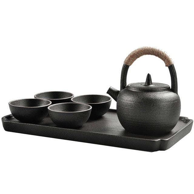 Portable Travel Ceramics Loop Handle Pot Teapot Teacup Set with Tea Tray, with Tea Tray (Black), ...
