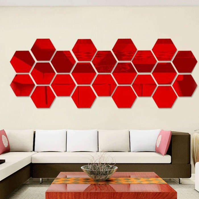 12 PCS 3D Hexagonal Mirror Wall Stickers Set, Size: 10*10cm, Size: 10*10cm (Red), Size: 10*10cm (...