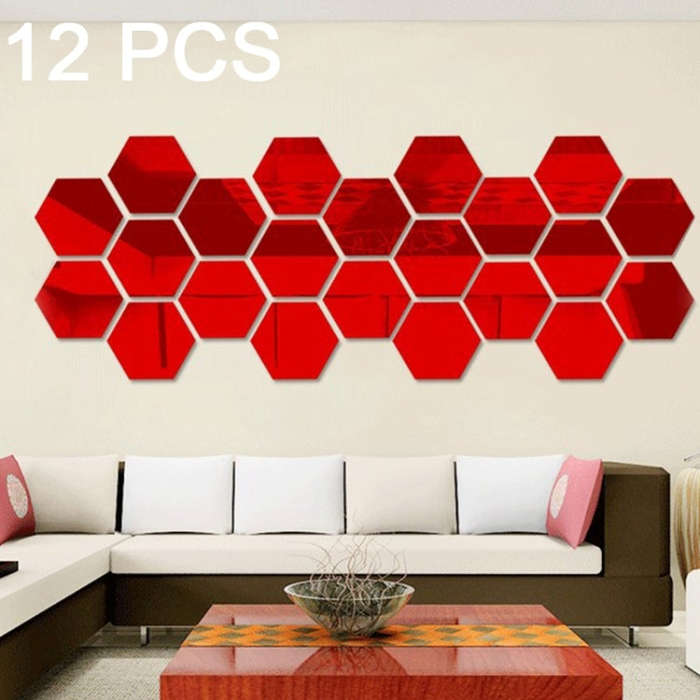 12 PCS 3D Hexagonal Mirror Wall Stickers Set, Size: 10*10cm, Size: 10*10cm (Red), Size: 10*10cm (...