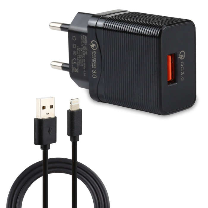 LZ-728 2 in 1 18W QC 3.0 USB Interface Travel Charger + USB to 8 Pin Data Cable Set, EU Plug, Cab...