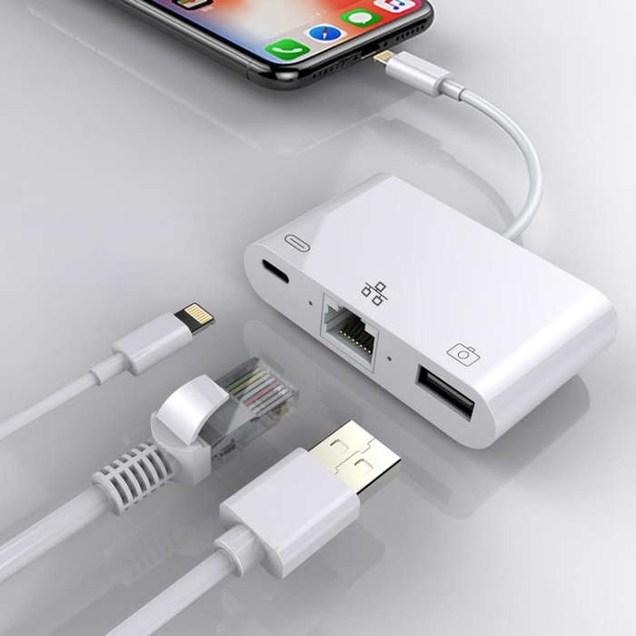 8 Pin to RJ45 1000Mbps Network Adapter + Charging Port + Camera USB Read Multi-function Converter...