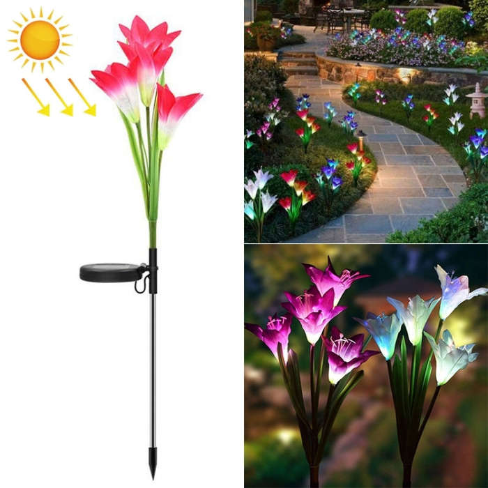 Simulated Lily Flower 4 Heads Solar Powered Outdoor IP55 Waterproof LED Decorative Lawn Lamp, Whi...