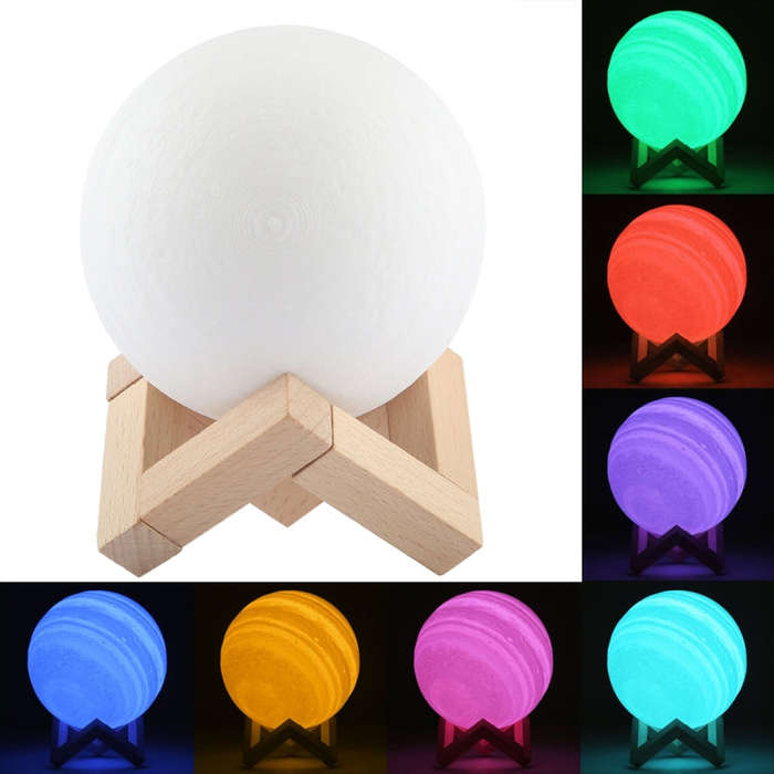 USB Charging 7-Color Changing Energy-saving LED Night Light with Wooden Holder Base, Patted 7-Col...