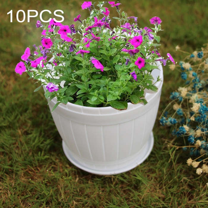 10 PCS Imitation Wooden Barrel Plastic Resin Flower Pot with Tray, Top Diameter: 16cm, Height: 13...