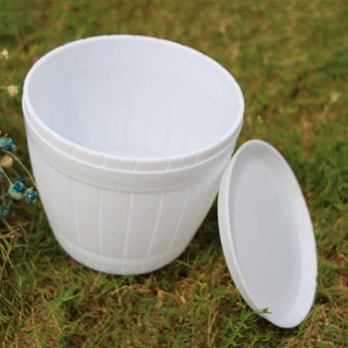 10 PCS Imitation Wooden Barrel Plastic Resin Flower Pot with Tray, Top Diameter: 16cm, Height: 13...