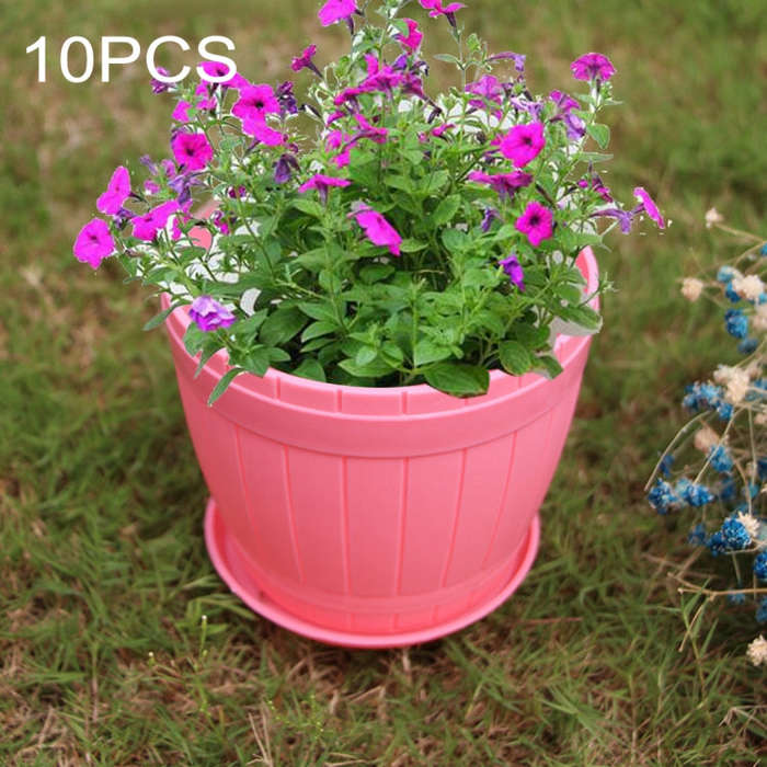 10 PCS Imitation Wooden Barrel Plastic Resin Flower Pot with Tray, Top Diameter: 19cm, Height: 16...