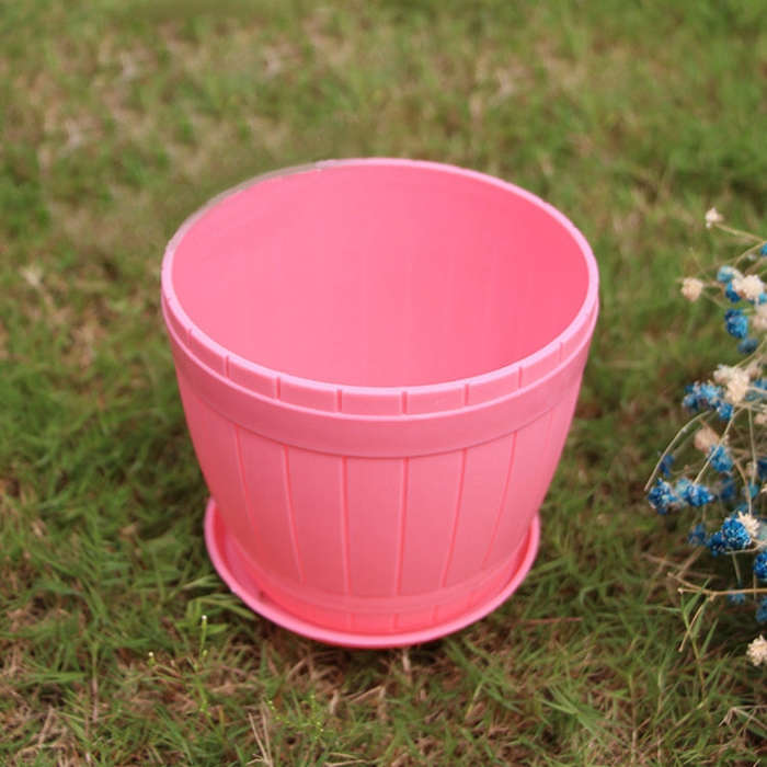 10 PCS Imitation Wooden Barrel Plastic Resin Flower Pot with Tray, Top Diameter: 19cm, Height: 16...