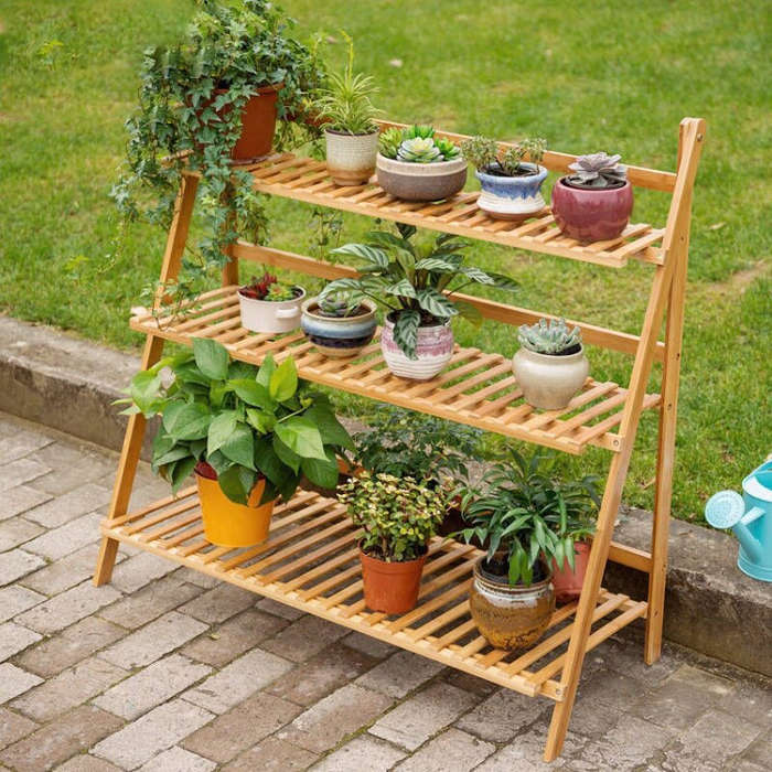 Bamboo 3-Tier Hanging Plant Stand Planter Shelves Flower Pot Storage Rack Folding Display Shelvin...