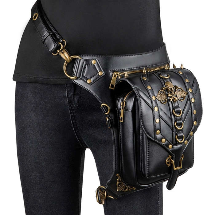 FHG131BK Skull Head Decoration Multi-function PU Leather One-shoulder Crossbody Bag Waist Bag for...