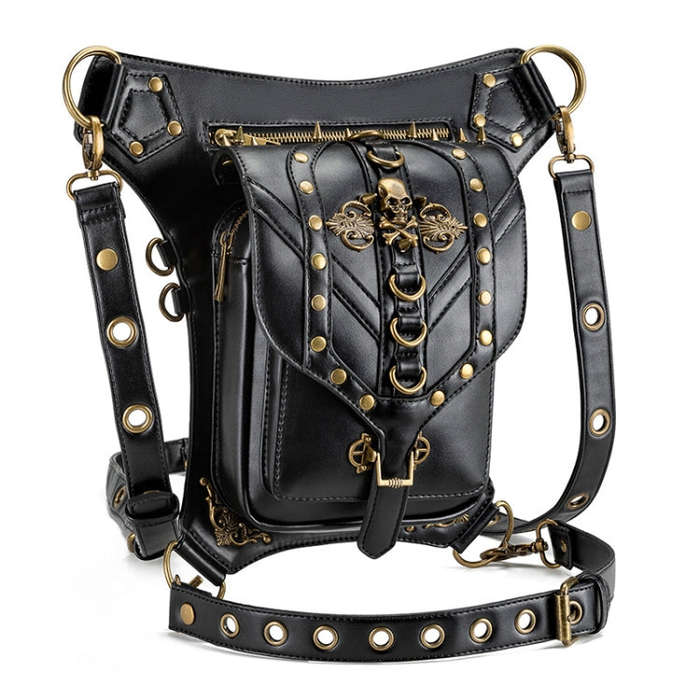 FHG131BK Skull Head Decoration Multi-function PU Leather One-shoulder Crossbody Bag Waist Bag for...