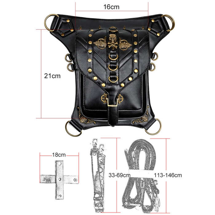 FHG131BK Skull Head Decoration Multi-function PU Leather One-shoulder Crossbody Bag Waist Bag for...