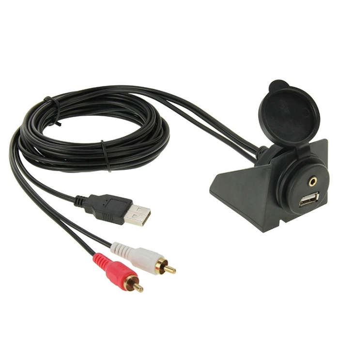 USB 2.0 & 2 RCA Male to USB 2.0 & 3.5mm Female Adapter Cable with Car Flush Mount, Length: 2m, US...