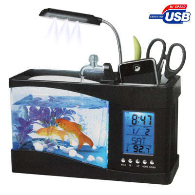 USB Desktop Aquarium Mini Fish Tank with Running Water and 6 LED Light, LCD Clock Display with Ca...