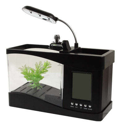 USB Desktop Aquarium Mini Fish Tank with Running Water and 6 LED Light, LCD Clock Display with Ca...
