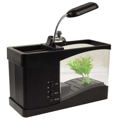 USB Desktop Aquarium Mini Fish Tank with Running Water and 6 LED Light, LCD Clock Display with Ca...