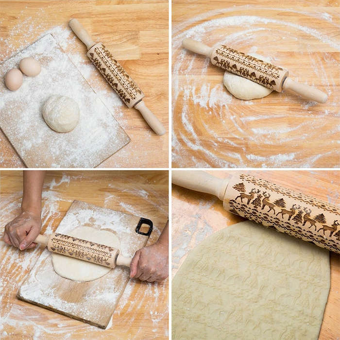 Christmas Embossing Rolling Pin Baking Cookies Fondant Cake Dough Engraved Roller