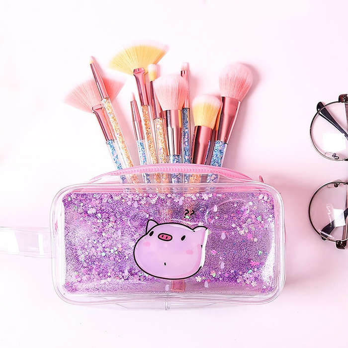 Cute PVC Pig Pattern Pencil Case Colorful Transparent Quicksand Girl Pen Bag Creative Stationery ...