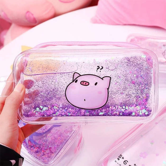Cute PVC Pig Pattern Pencil Case Colorful Transparent Quicksand Girl Pen Bag Creative Stationery ...