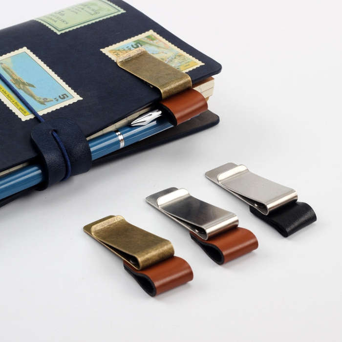 Metal Leather Pen Holder Stainless Steel Pencil Clip Notebook Pen Holder