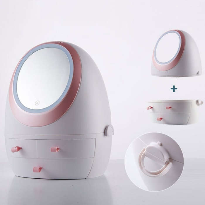 Desktop Dustproof Portable Cosmetic Storage Box With Mirror, White Single Mirror, White Mirror Wi...