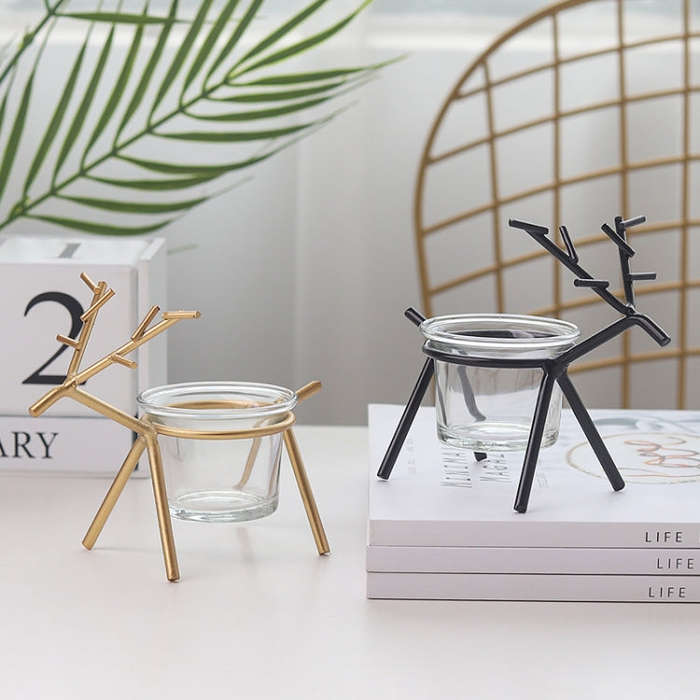 Wrought Iron Deer Candlestick Home Desktop Atmosphere Decoration Candle Holder Decoration, Black,...