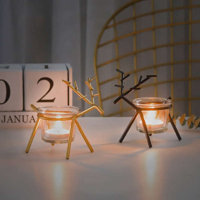 Wrought Iron Deer Candlestick Home Desktop Atmosphere Decoration Candle Holder Decoration, Black,...