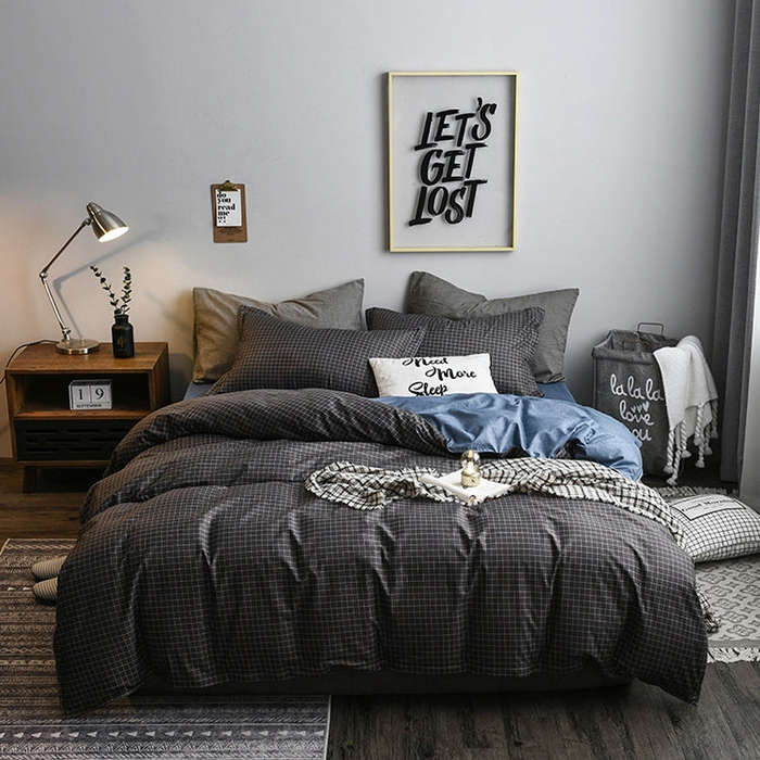 Bedding Set Solid Plaid Side Bed Comforter Duvet Cover Sheet Set