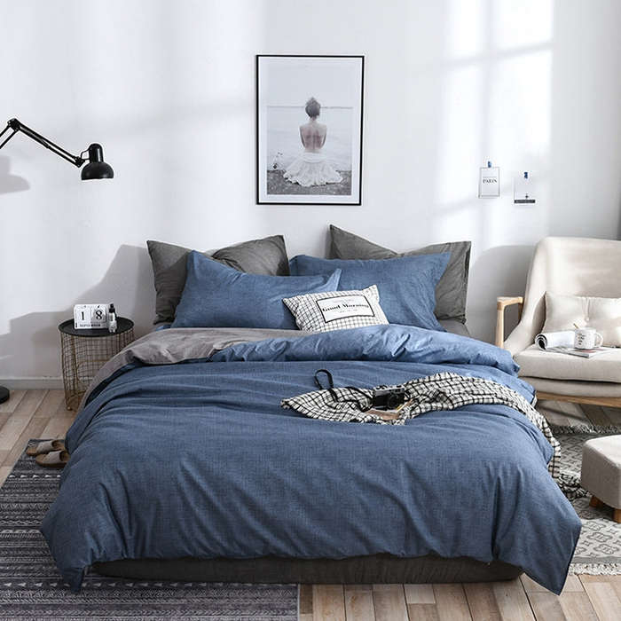 Bedding Set Solid Plaid Side Bed Comforter Duvet Cover Sheet Set