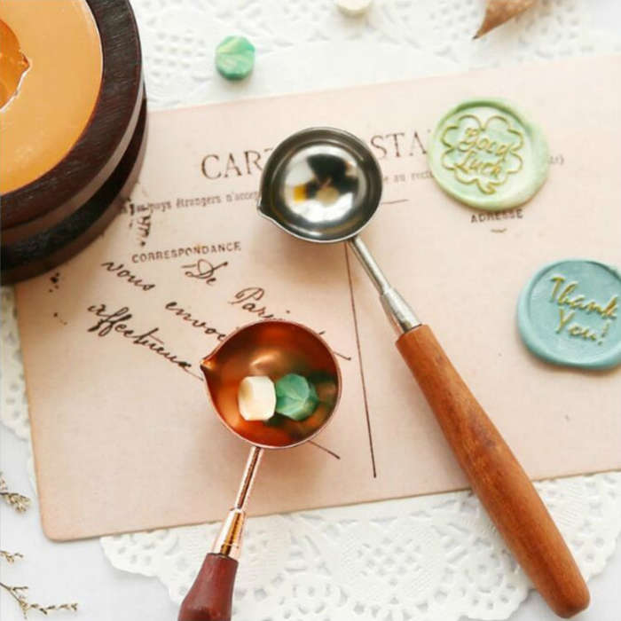 Wooden Handle Brass Seal Wax Spoon Tool Melting Sealing Wax Hand Account Stainless Steel Fire Pai...