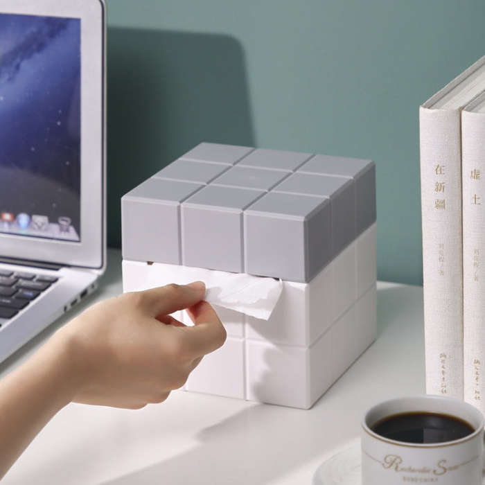 Cube Tissue Box Desktop Storage Box, Pure White, White+Grey, White+Pink, White+Blue