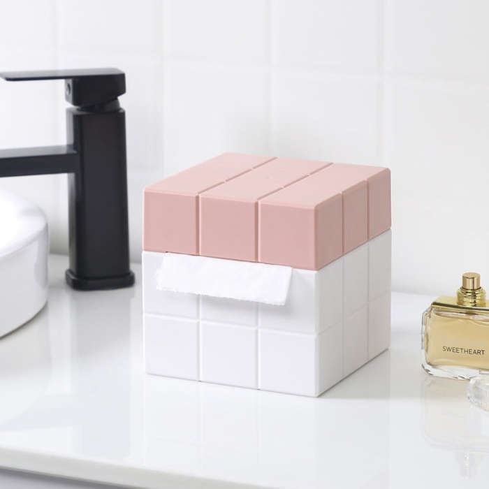 Cube Tissue Box Desktop Storage Box, Pure White, White+Grey, White+Pink, White+Blue