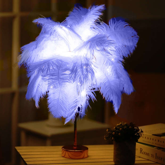 Ostrich Feather Table Lamp Wrought Iron Night Light LED Copper Wire Lamp, Yellow, Grey, Violet, O...