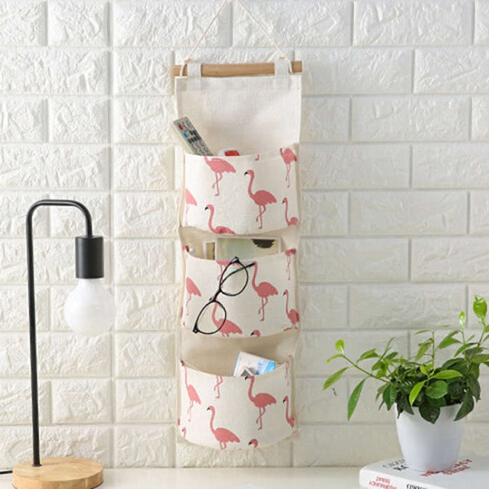 Cotton Linen Hanging Storage Bag 3 Pockets Wall Mounted Wardrobe Hang Bag Wall Pouch Cosmetic Toy...