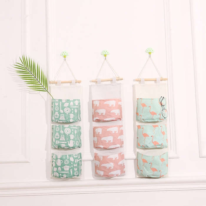 Cotton Linen Hanging Storage Bag 3 Pockets Wall Mounted Wardrobe Hang Bag Wall Pouch Cosmetic Toy...