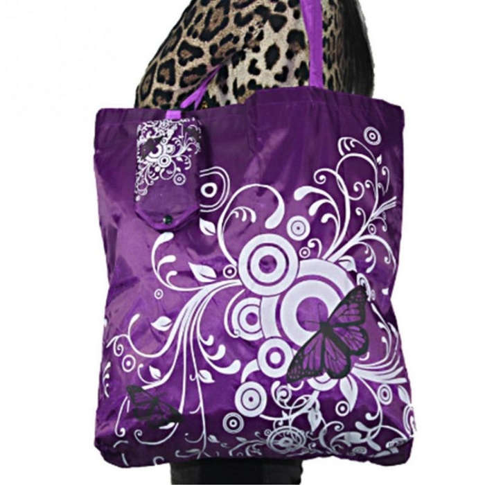 Foldable Shopping Bag Butterfly Flower Oxford Fabric Shoulder Bag Reusable Tote Bag, purple, coff...