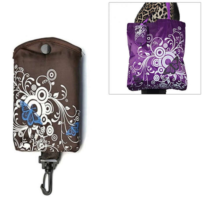 Foldable Shopping Bag Butterfly Flower Oxford Fabric Shoulder Bag Reusable Tote Bag, purple, coff...