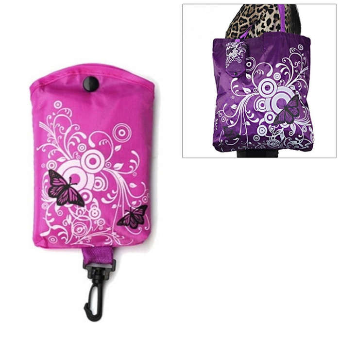 Foldable Shopping Bag Butterfly Flower Oxford Fabric Shoulder Bag Reusable Tote Bag, purple, coff...
