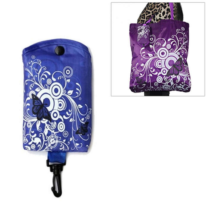 Foldable Shopping Bag Butterfly Flower Oxford Fabric Shoulder Bag Reusable Tote Bag, purple, coff...