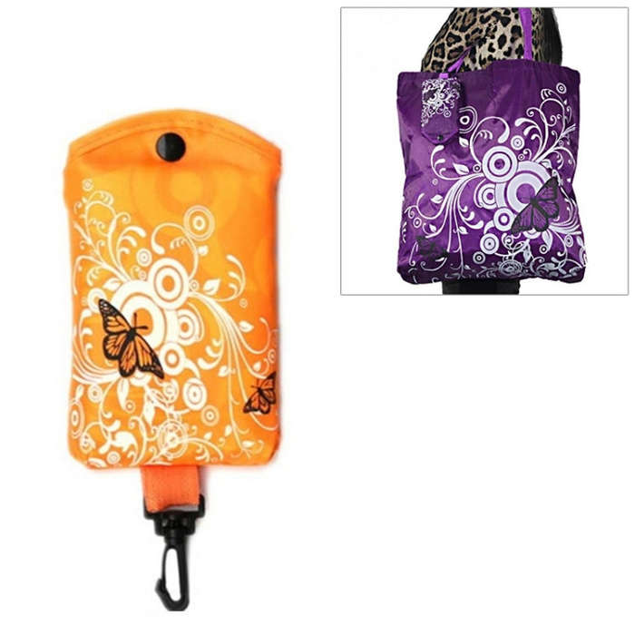 Foldable Shopping Bag Butterfly Flower Oxford Fabric Shoulder Bag Reusable Tote Bag, purple, coff...