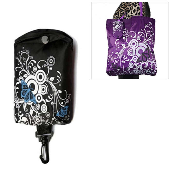 Foldable Shopping Bag Butterfly Flower Oxford Fabric Shoulder Bag Reusable Tote Bag, purple, coff...