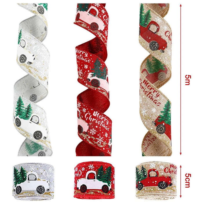 Christmas Decorations Car Printing Ribbon Christmas Tree Decoration Ribbon Colorful Bar, Red, Hem...