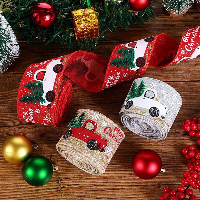Christmas Decorations Car Printing Ribbon Christmas Tree Decoration Ribbon Colorful Bar, Red, Hem...
