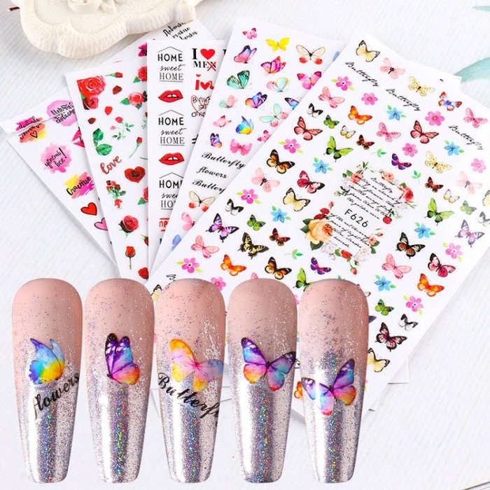 10pcs 3D Adhesive Butterfly Retro Rose Color Nail Art Sticker