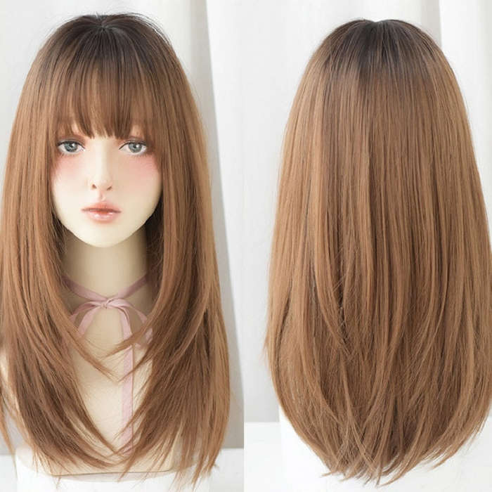 Ladies Long Straight Hair Air Bangs Wig Hair Set, Honey Tea, Cool Brown, Black Brown