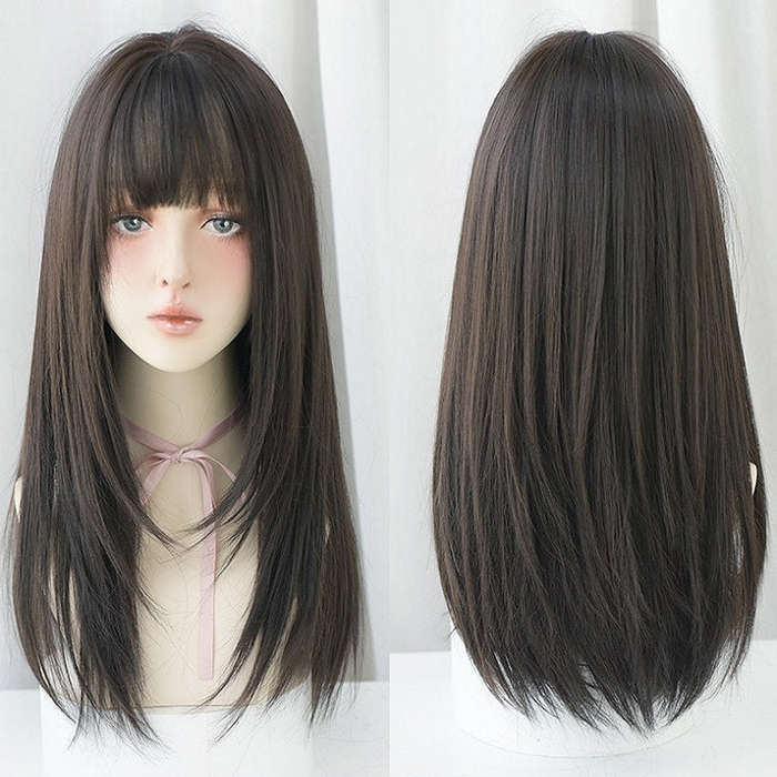 Ladies Long Straight Hair Air Bangs Wig Hair Set, Honey Tea, Cool Brown, Black Brown